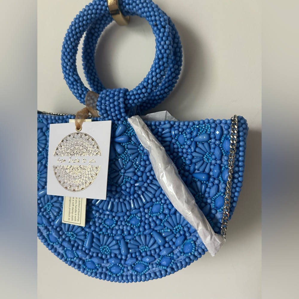 Viral Blue Beaded Half circle Crossbody Bag - Picture 2 of 4